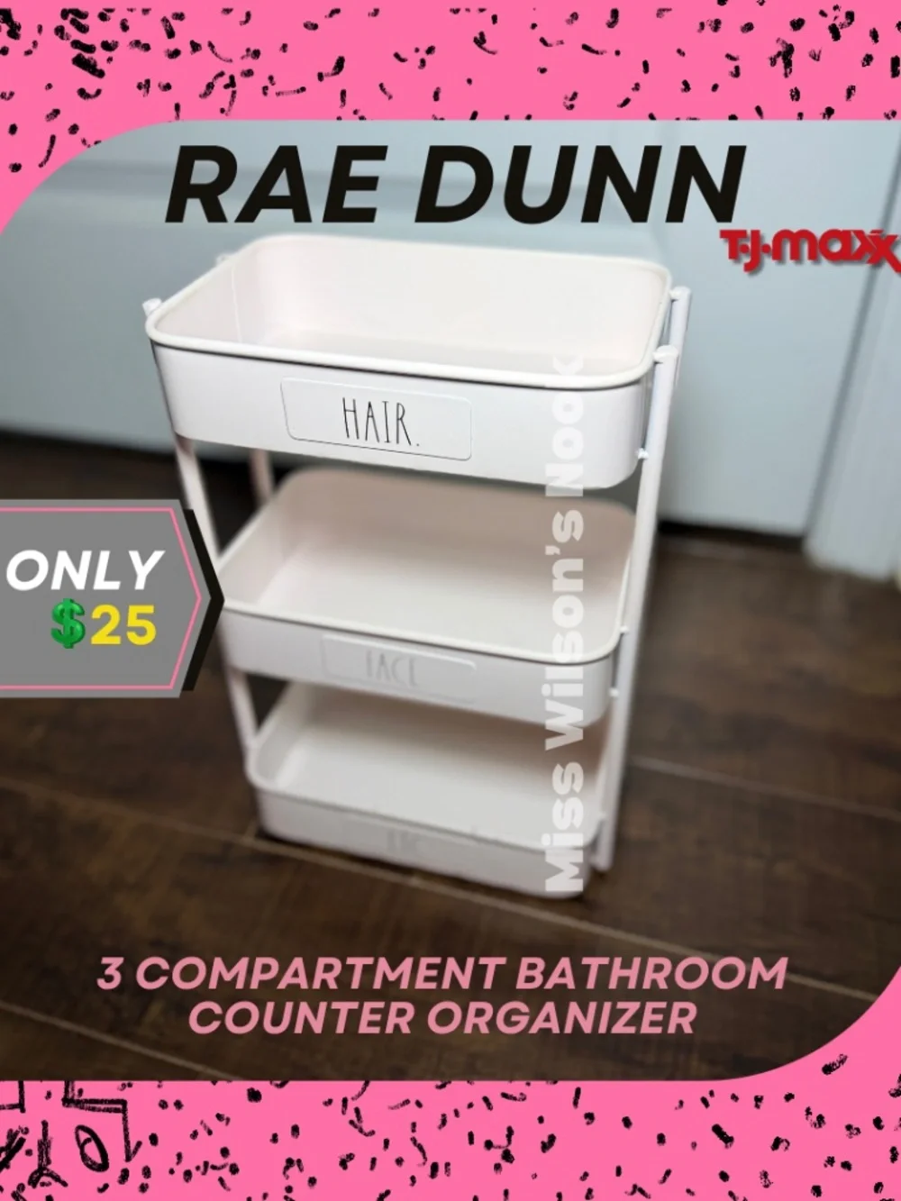 Rae Dunn Pink 3‑Compartment Organizer | HAIR / FACE / ETC | Bathroom Vanity